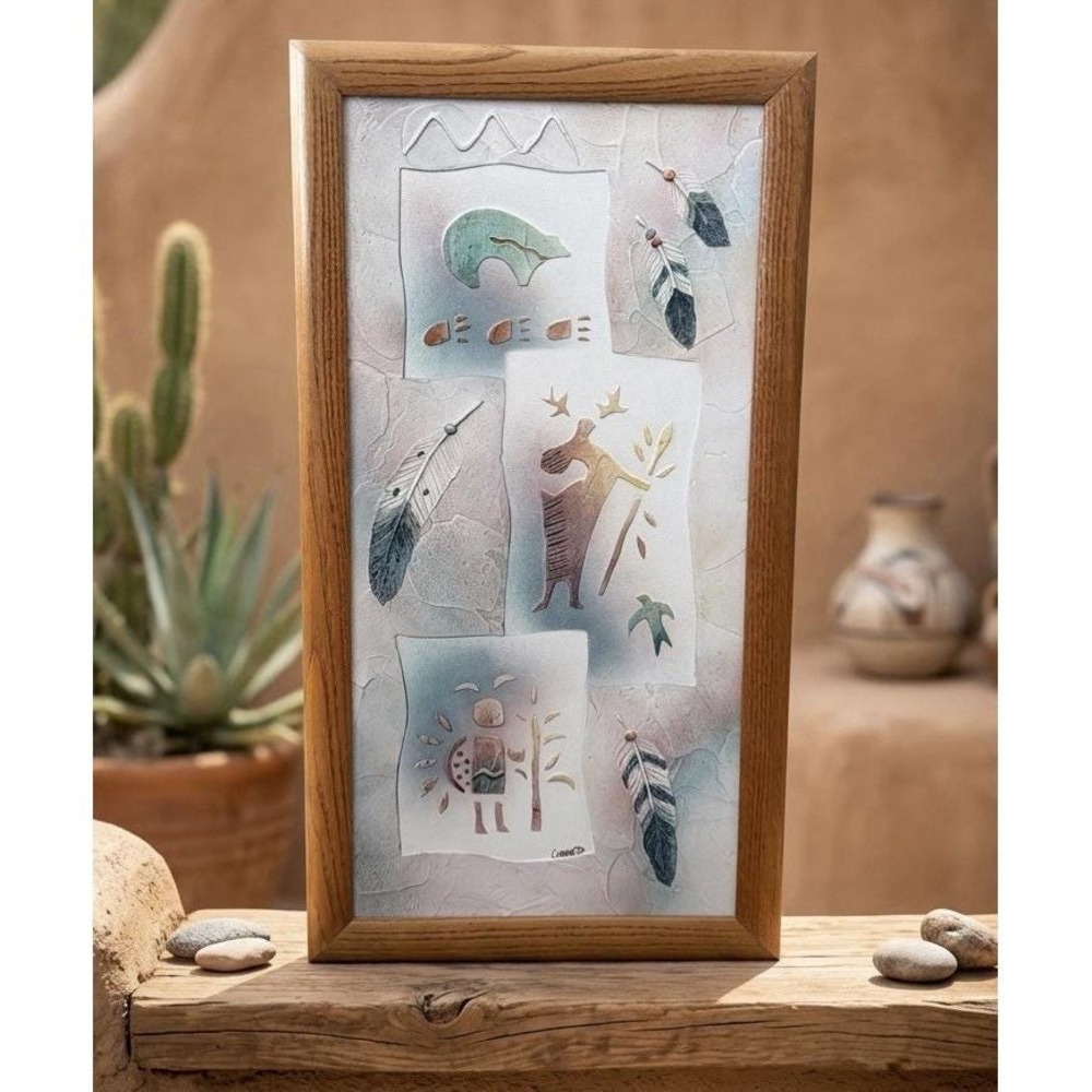 Vintage Southwest Petroglyph Mixed Media Wall Art Signed Connie B Framed 26"